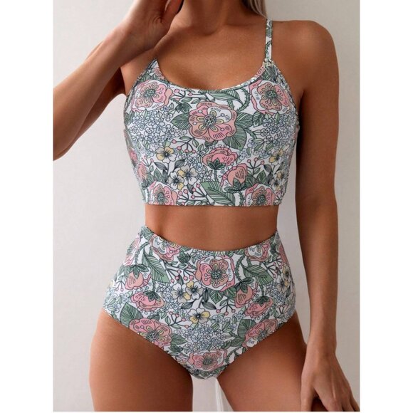 Boho Floral Print Round Neck Tankini Swimsuit Bathing Suit - Picture 5 of 7